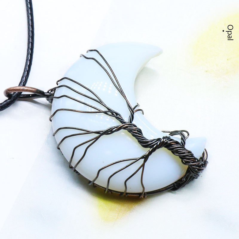 Moon wrapped pendant with pink crystal, obsidian