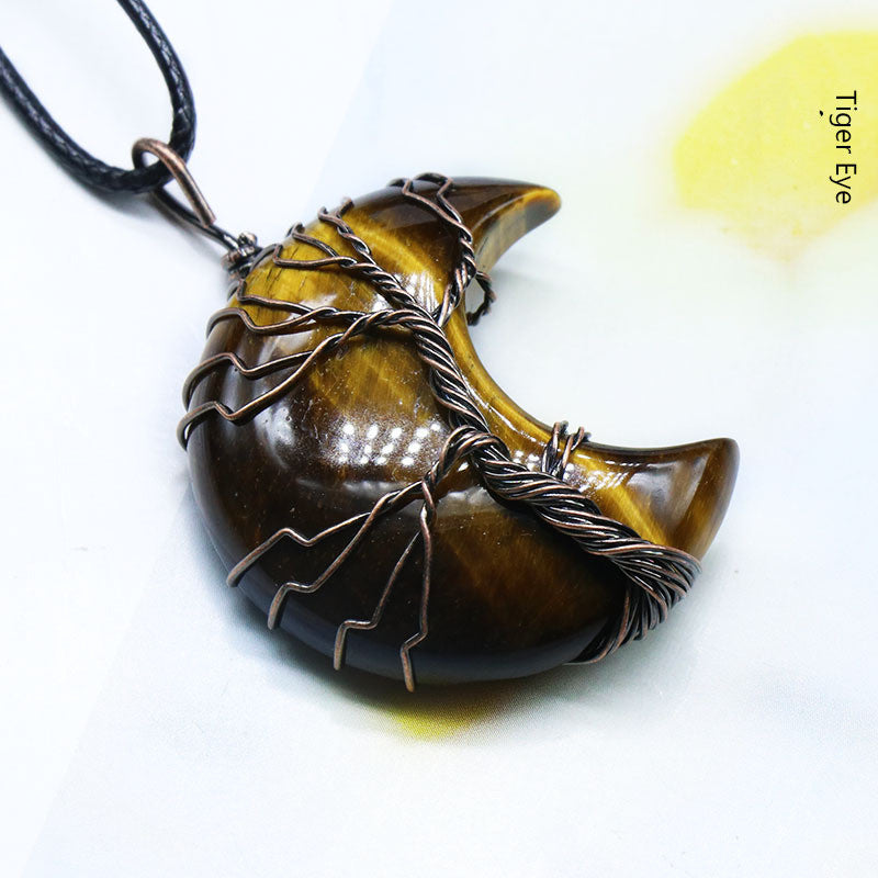 Moon wrapped pendant with pink crystal, obsidian