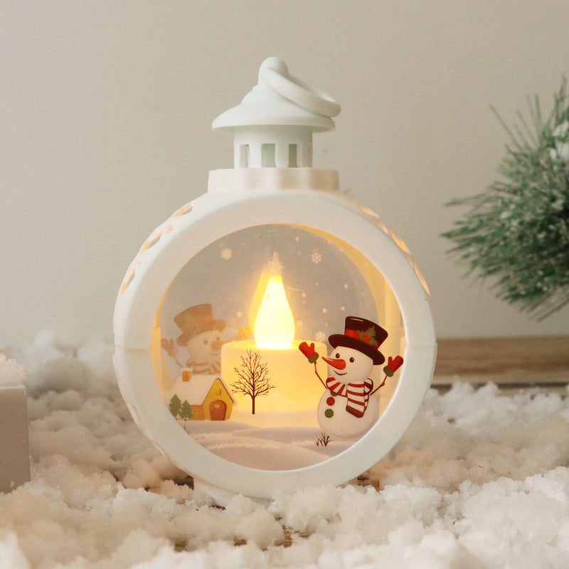 Candle lights illuminate festive retro window decorations