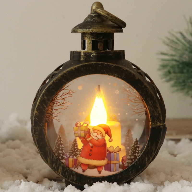 Candle lights illuminate festive retro window decorations