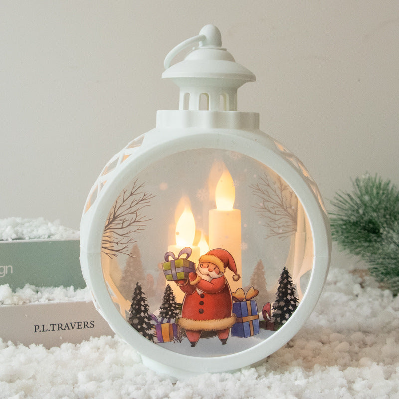 Candle lights illuminate festive retro window decorations