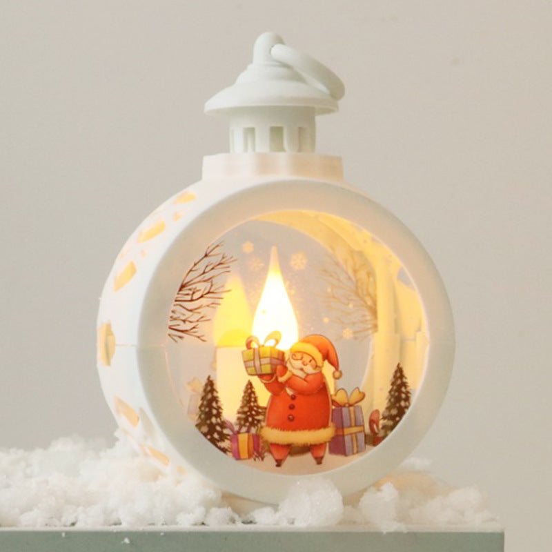 Candle lights illuminate festive retro window decorations