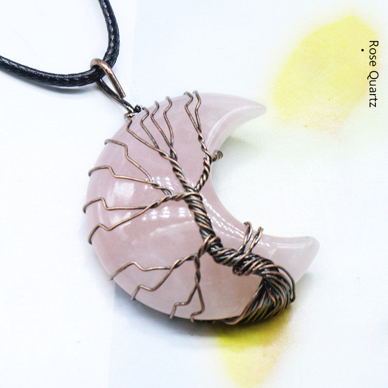 Moon wrapped pendant with pink crystal, obsidian
