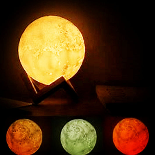Mystical Moon Lamp casting a soft, warm glow, designed to resemble the surface of the moon with its detailed craters and mountains. The lamp is displayed on a wooden stand, highlighting its perfect round shape and providing a peaceful and calming ambiance to any room.